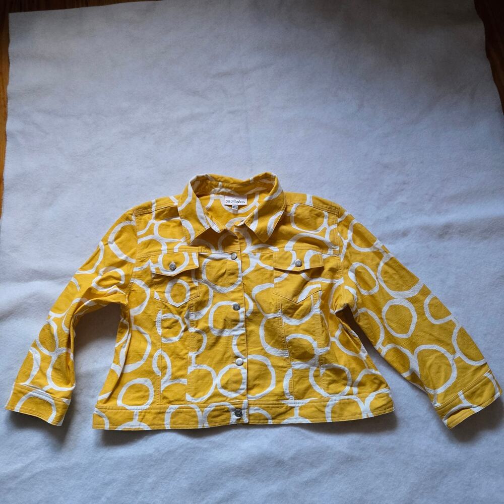 3 Sisters Women's Jean Jacket, Yellow White Geometric, 100% Cotton Plus Size XXL